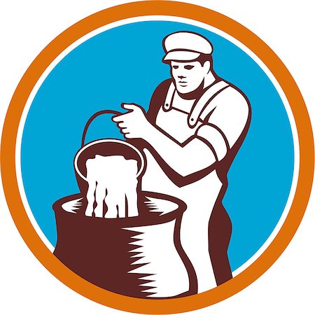 simsearch:400-08629141,k - Illustration of a cheesemaker pouring bucket of curd and whey into vat facing set inside circle front on isolated background done in retro woodcut style. Stock Photo - Budget Royalty-Free & Subscription, Code: 400-08621205