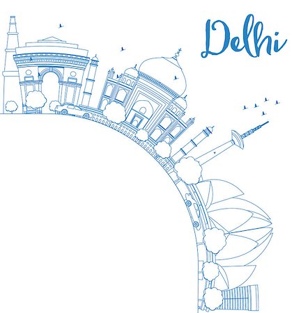 Outline Delhi skyline with blue landmarks and copy space. Business travel and tourism concept with place for text. Image for presentation, banner, placard and web site. Vector illustration. Stock Photo - Budget Royalty-Free & Subscription, Code: 400-08621590