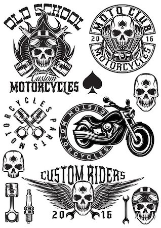 set of vector badges, logos, design elements on a theme motorcycles with skulls Foto de stock - Super Valor sin royalties y Suscripción, Código: 400-08622076