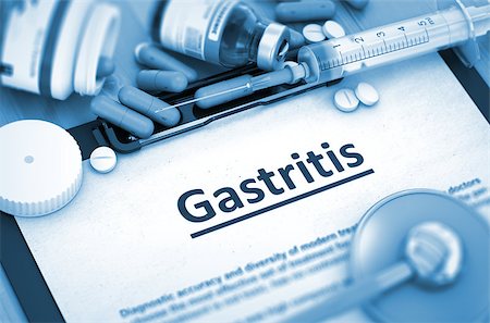 Gastritis - Medical Report with Composition of Medicaments - Pills, Injections and Syringe. Gastritis - Printed Diagnosis with Blurred Text. 3D Render. Stock Photo - Budget Royalty-Free & Subscription, Code: 400-08622282