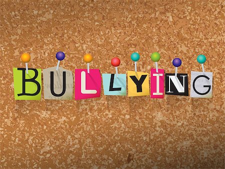 The word "BULLYING" written in cut letters and pinned to a cork bulletin board illustration. Vector EPS 10 available. Stock Photo - Budget Royalty-Free & Subscription, Code: 400-08622427