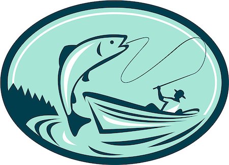 Illustration of a fly fisherman fishing on boat reeling a trout salmon fish set inside oval shape done in retro style. Stock Photo - Budget Royalty-Free & Subscription, Code: 400-08622587