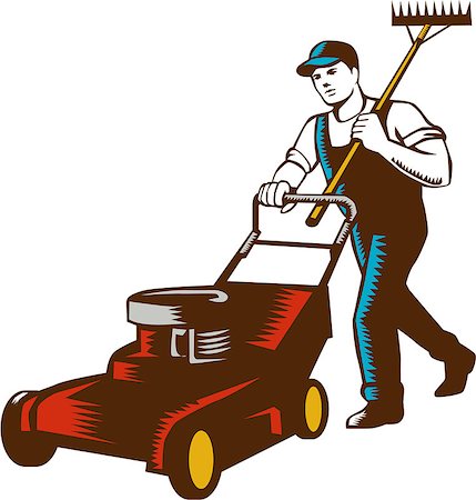 simsearch:400-08629141,k - Woodcut style illustration of male gardener with lawn mower mowing and holding rake on shoulder set on isolated white background. Stock Photo - Budget Royalty-Free & Subscription, Code: 400-08622589
