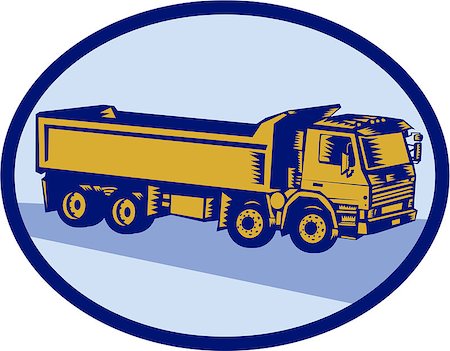 simsearch:400-08629141,k - Illustration of a dump truck viewed the side set inside oval shape done in retro woodcut style. Stock Photo - Budget Royalty-Free & Subscription, Code: 400-08622757
