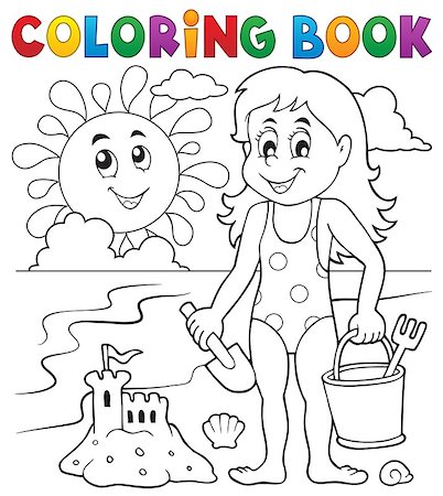 simsearch:400-04423521,k - Coloring book girl playing on beach 1 - eps10 vector illustration. Photographie de stock - Aubaine LD & Abonnement, Code: 400-08630155