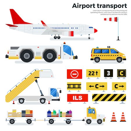 Airport transport vector flat illustrations. Different types of transport working on the airfield. Cargoes, luggage cars, taxi, ladder and road signs isolated on white background Stock Photo - Budget Royalty-Free & Subscription, Code: 400-08646291