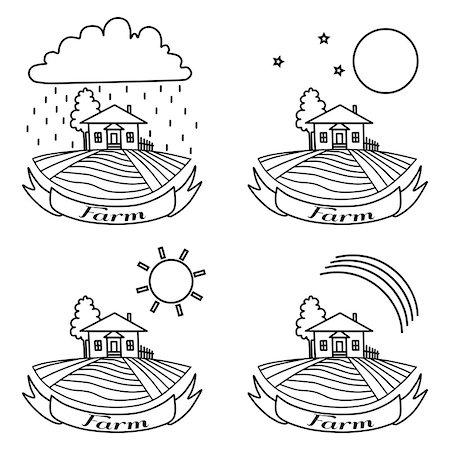 Rural landscape with fields, house and tree. Day, night, rainbow, rain agriculture Landscape. American Farm hand drawn vector sketch. Engraving illustration. For travel ads, brochures, labels Stock Photo - Budget Royalty-Free & Subscription, Code: 400-08646879