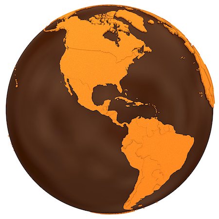 simsearch:400-08401820,k - American continents on chocolate model of planet Earth. Sweet crusty continents with embossed countries and oceans made of dark chocolate. 3D illustration isolated on white background. Photographie de stock - Aubaine LD & Abonnement, Code: 400-08647809