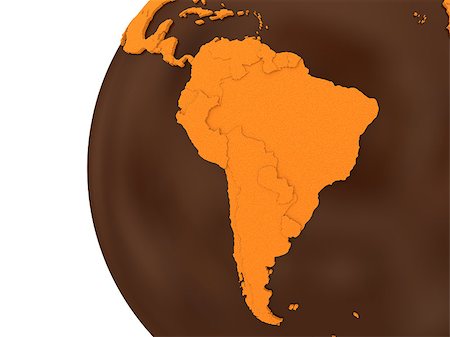 simsearch:400-08401820,k - South America on chocolate model of planet Earth. Sweet crusty continents with embossed countries and oceans made of dark chocolate. 3D rendering. Photographie de stock - Aubaine LD & Abonnement, Code: 400-08647819
