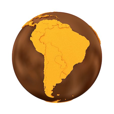 simsearch:400-08401820,k - South America on chocolate model of planet Earth. Sweet crusty continents with embossed countries and oceans made of dark chocolate. 3D illustration isolated on white background. Photographie de stock - Aubaine LD & Abonnement, Code: 400-08647829