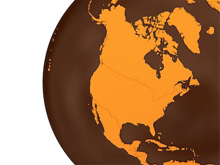 simsearch:400-08401820,k - North America on chocolate model of planet Earth. Sweet crusty continents with embossed countries and oceans made of dark chocolate. 3D rendering. Photographie de stock - Aubaine LD & Abonnement, Code: 400-08647820