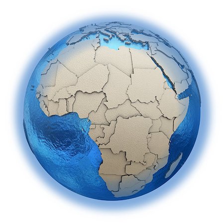 simsearch:400-08401820,k - Africa on 3D model of blue Earth with embossed countries and blue ocean. 3D illustration isolated on white background. Photographie de stock - Aubaine LD & Abonnement, Code: 400-08647855