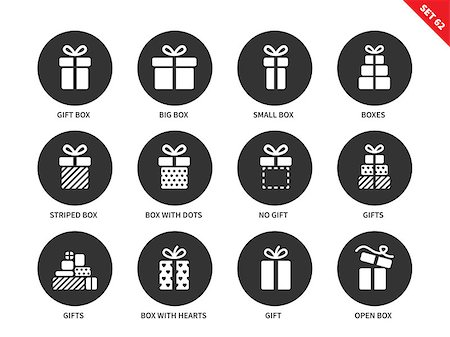 Gift boxes vector icons set. Party and celebration concept. Surprise and birthday items, gift, present, ribbon, small and big boxes. Isolated on white background Stock Photo - Budget Royalty-Free & Subscription, Code: 400-08648656