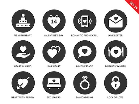 Love vector icons set. Feelings and St. Valentine's day concept, pie, card, love letter, message, romantic dinner, bed and diamond ring. Isolated on white background Stock Photo - Budget Royalty-Free & Subscription, Code: 400-08648666