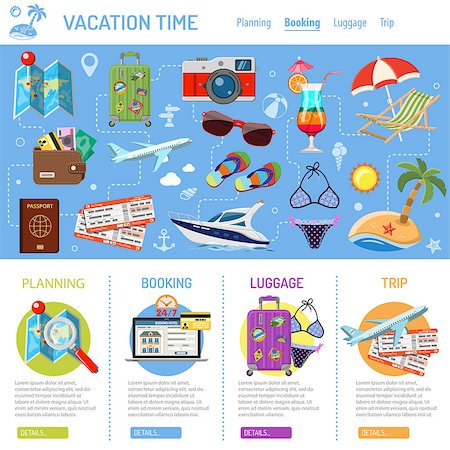Vacation and Tourism Infographics with Flat Icons for Mobile Applications, Web Site, Advertising like Planning, Booking, Luggage, Trip, Cocktail, Island, Aircraft and Suitcase. Stock Photo - Budget Royalty-Free & Subscription, Code: 400-08649569