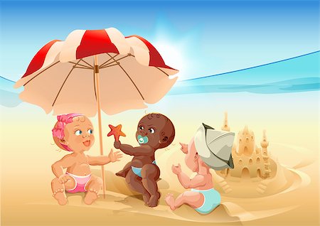 Three baby playing on beach. Cartoon illustration in vector format Photographie de stock - Aubaine LD & Abonnement, Code: 400-08649918