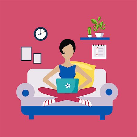 Woman Sitting On Sofa Working Freelance Flat Vector Illustration In Bright Colorful Simplified Infographic Style Stock Photo - Budget Royalty-Free & Subscription, Code: 400-08650311