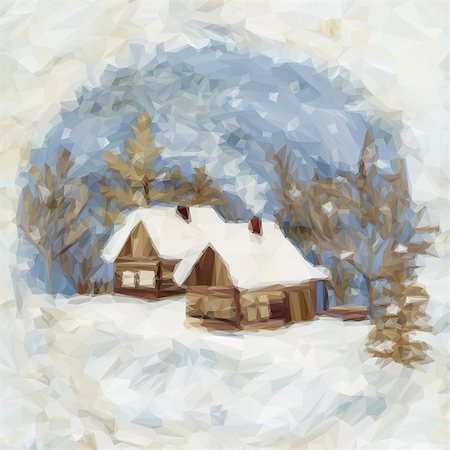 dicha - Christmas Landscape, Village Houses in the Winter Snowy Forest, Low Poly. Vector Stock Photo - Budget Royalty-Free & Subscription, Code: 400-08651188