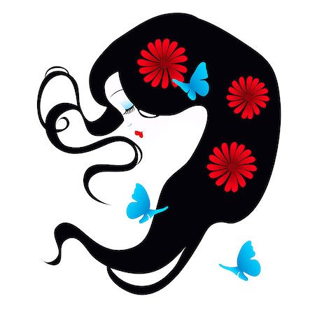 simsearch:400-05927920,k - beautiful silhouette of a girl with flowers in her hair and flying butterflies. Business cards, postcards. isolated on white background... Foto de stock - Super Valor sin royalties y Suscripción, Código: 400-08651318