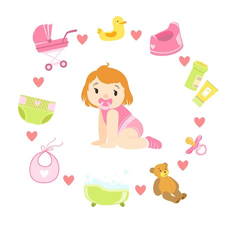 simsearch:400-05673438,k - Baby Girl Surrounded With Object It Needs Flat Childish Cartoon Style Bright Color Vector Illustration On White Background Stock Photo - Budget Royalty-Free & Subscription, Code: 400-08651616