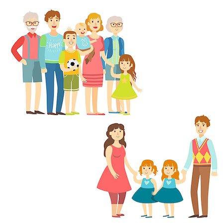 Full Families Posing Together Simplified Cartoon Style Flat Vector Colorful Illustrations On White Background Stock Photo - Budget Royalty-Free & Subscription, Code: 400-08651925