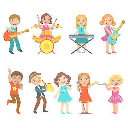 piano playing and singer - Kid Singing And Playing Music Instruments Set Of Cute Big-eyed Characters Flat Vector Isolated Illustrations On White Background Photographie de stock - Aubaine LD & Abonnement, Code: 400-08651983