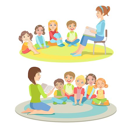 Elementary School Students Listening To the Story Simplified Childish Cartoon Style Flat Vector Illustration Stock Photo - Budget Royalty-Free & Subscription, Code: 400-08651992