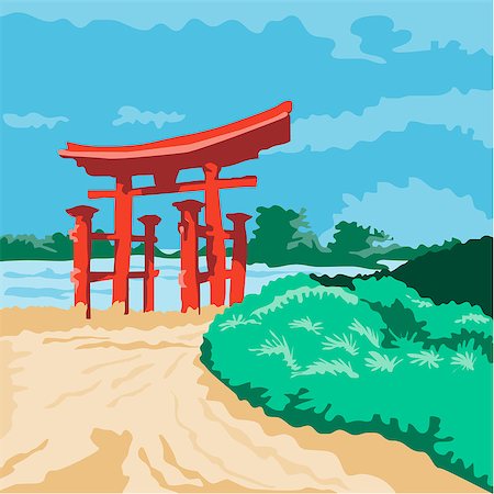 WPA style illustratoin of a Torii , a traditional Japanese gate most commonly found at the entrance of or within a Shinto shrine done in retro style. Stock Photo - Budget Royalty-Free & Subscription, Code: 400-08652883