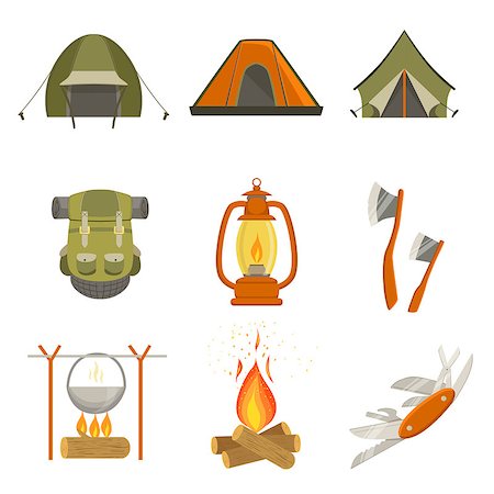 Camping Related Objects Set Of Simple Design Illustrations In Cute Fun Cartoon Style Isolated On White Background Stock Photo - Budget Royalty-Free & Subscription, Code: 400-08653744