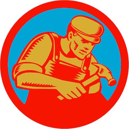 simsearch:400-08629141,k - Illustration of a carpenter with hammer set inside circle on isolated background done in retro woodcut style. Stock Photo - Budget Royalty-Free & Subscription, Code: 400-08653852