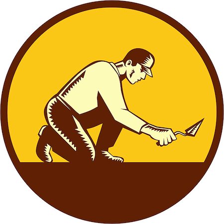 simsearch:400-08629141,k - Illustration of a tiler plasterer mason masonry construction worker with trowel viewed from side set inside circle done in retro woodcut style. Stock Photo - Budget Royalty-Free & Subscription, Code: 400-08653889
