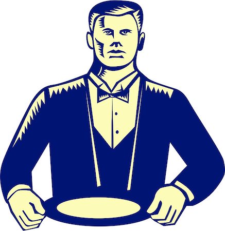 simsearch:400-08629141,k - Illustration of a waiter wearing cravat holding plate serving viewed from front set on isolated white background done in retro woodcut style. Stock Photo - Budget Royalty-Free & Subscription, Code: 400-08653916