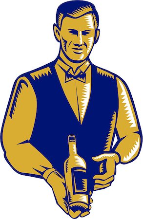 simsearch:400-08629141,k - Illustration of a waiter holding presenting wine bottle facing front set on isolated white background done in retro woodcut style. Stock Photo - Budget Royalty-Free & Subscription, Code: 400-08653917