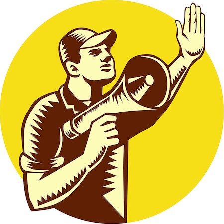 simsearch:400-08629141,k - Illustration of a worker wearing hat holding megaphone and doing the stop hand signal looking up facing side set on inside circle on isolated background done in retro woodcut style. Stock Photo - Budget Royalty-Free & Subscription, Code: 400-08653922