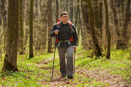 Active healthy man with red backpack hiking in beautiful forest. Photographie de stock - Aubaine LD & Abonnement, Code: 400-08669416