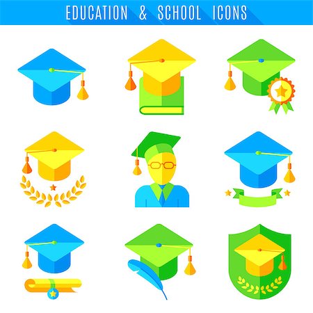 Education and school icons. Set of 9 colored flat vector icons Stock Photo - Budget Royalty-Free & Subscription, Code: 400-08674786