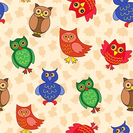simsearch:400-07745600,k - Amusing colourful owls on the background with many stylized simple owls, seamless vector pattern Stock Photo - Budget Royalty-Free & Subscription, Code: 400-08676794