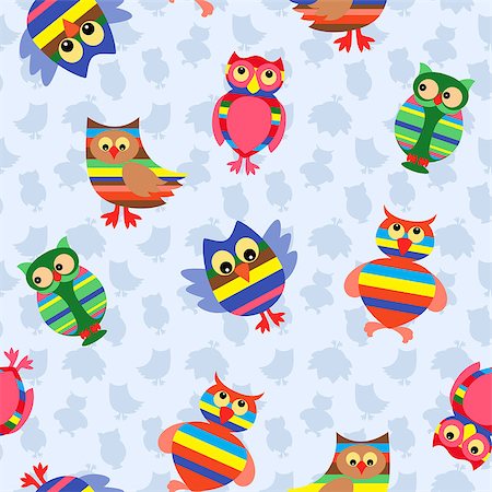 simsearch:400-07745600,k - Funny colourful stripy owls on the background with many stylized simple owls, seamless vector pattern Stock Photo - Budget Royalty-Free & Subscription, Code: 400-08676795