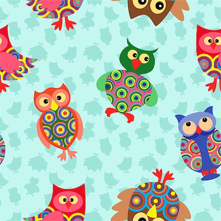 simsearch:400-07745600,k - Likable colourful stripy owls on the background with many stylized simple owls, seamless vector pattern Stock Photo - Budget Royalty-Free & Subscription, Code: 400-08676796