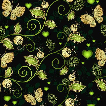 Seamless dark floral pattern with gold gradient butterflies and green hearts, vector Stock Photo - Budget Royalty-Free & Subscription, Code: 400-08677025