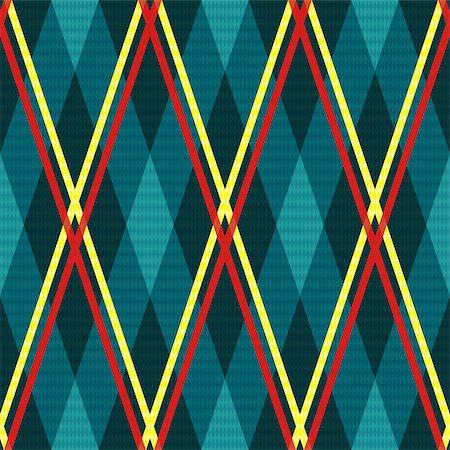 simsearch:400-07215658,k - Rhombic seamless vector fabric pattern mainly in turquoise hues with contrast red and yellow lines Stock Photo - Budget Royalty-Free & Subscription, Code: 400-08677895
