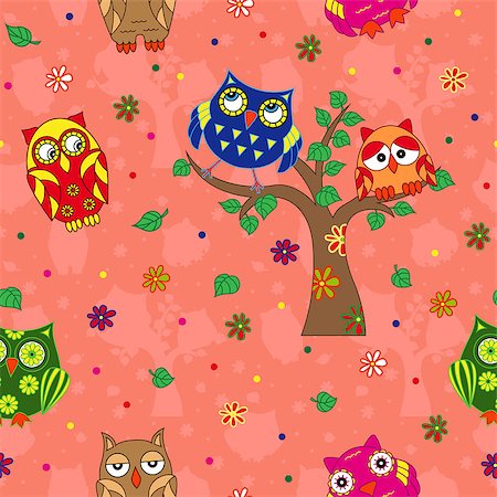 simsearch:400-07745600,k - Amusing colourful owls on the terracotta background with stylized simple owls, seamless cartoon vector pattern Stock Photo - Budget Royalty-Free & Subscription, Code: 400-08678265