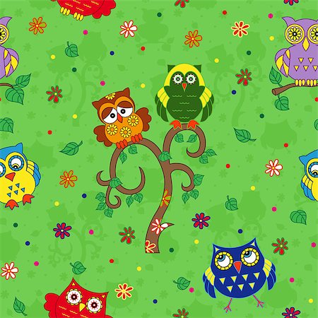simsearch:400-07745600,k - Funny colourful owls on the green background with many stylized simple owls, seamless cartoon vector pattern Stock Photo - Budget Royalty-Free & Subscription, Code: 400-08678266