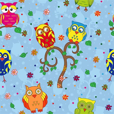 simsearch:400-07745600,k - Colourful owls and tree on the blue background with stylized simple owls, seamless cartoon vector pattern Stock Photo - Budget Royalty-Free & Subscription, Code: 400-08678268