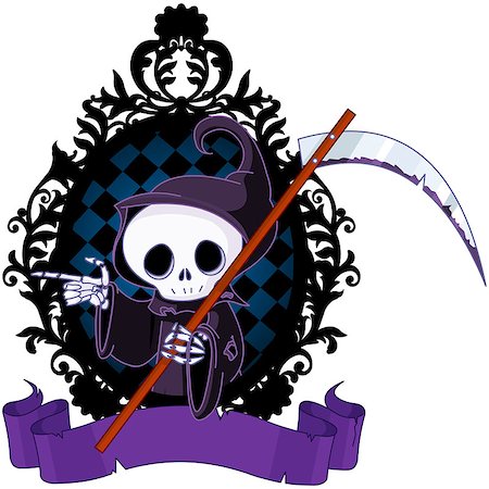 simsearch:400-03971352,k - Cute cartoon grim reaper with scythe pointing Foto de stock - Super Valor sin royalties y Suscripción, Código: 400-08679090