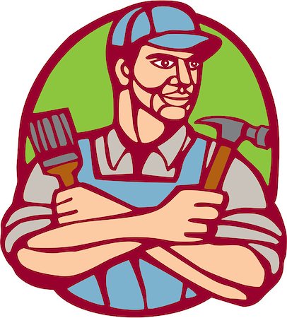 simsearch:400-08629141,k - Illustration of a builder carpenter construction worker holding hammer and paintbrush arms crossed looking to the side set inside circle on isolated background done in woodcut linocut style. Stock Photo - Budget Royalty-Free & Subscription, Code: 400-08679124