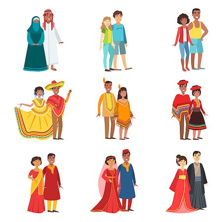 Couples In National Clothes Set Of Simple Design Illustrations In Cute Fun Cartoon Style Isolated On White Background Stock Photo - Budget Royalty-Free & Subscription, Code: 400-08679415