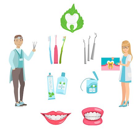 dental floss - Dentists And Dental Care Simple Design Poster In Cute Fun Cartoon Style Isolated On White Background Stock Photo - Budget Royalty-Free & Subscription, Code: 400-08679419