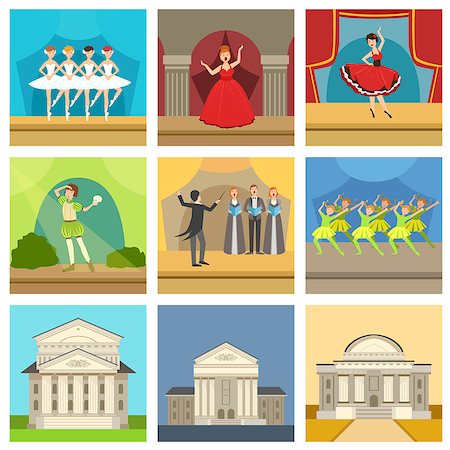 Theatre Buildings And Stage Perfomances Set Of Icons. Ballet, Opera, Shakesperean Play And Choir Performance On Stage. Stock Photo - Budget Royalty-Free & Subscription, Code: 400-08679446