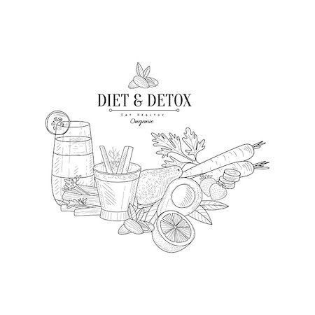 Set Of Detox Vegetarian Food Hand Drawn Realistic Detailed Sketch In Classy Simple Pencil Style On White Background Foto de stock - Super Valor sin royalties y Suscripción, Código: 400-08679547